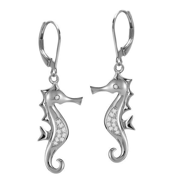 The picture shows a pair of 14K yellow gold diamond seahorse hook lever-back earrings