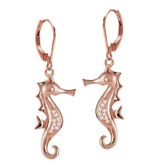 The picture shows a pair of 14K rose gold diamond seahorse hook lever-back earrings.