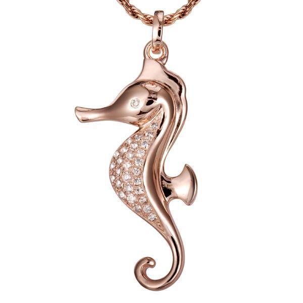 The picture shows a 14K rose gold seahorse pendant with diamonds.