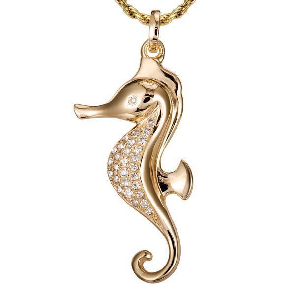 The picture shows a 14K yellow gold seahorse pendant with diamonds.