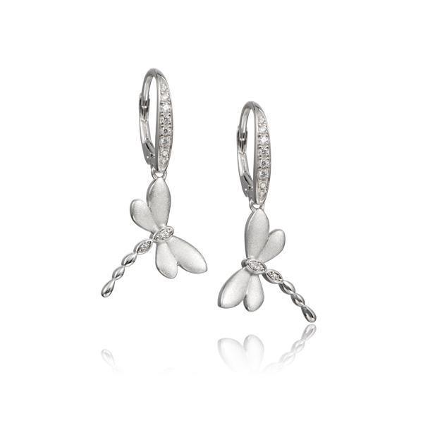 In this photo there is a pair of 925 sterling silver dragonfly lever-back earrings paired with topaz gemstones.