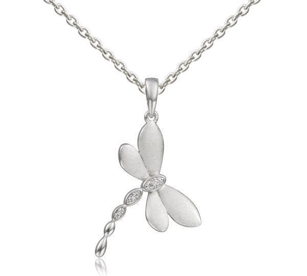 In this photo there is a sterling silver dragonfly pendant with topaz gemstones.