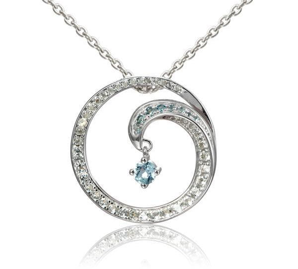 The picture shows a 925 sterling silver drop of water pendant with aquamarine and topaz.