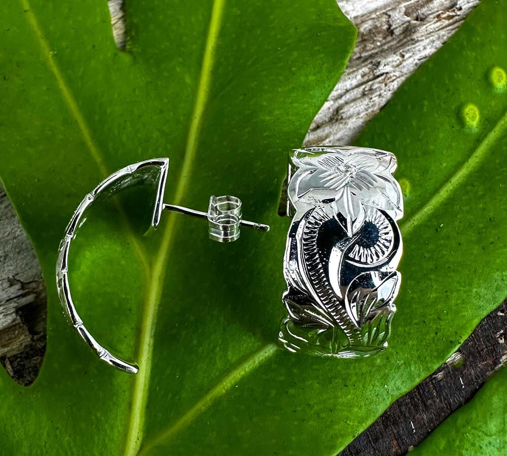 Engraved Plumeria Half-Moon Earrings Earrings Island by Koa Nani 