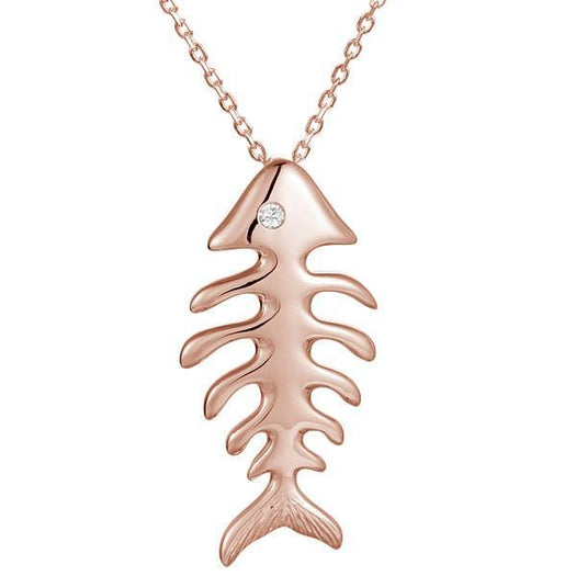 The picture shows a 925 sterling silver rose gold vermeil fish bone pendant paired with cubic zirconia.