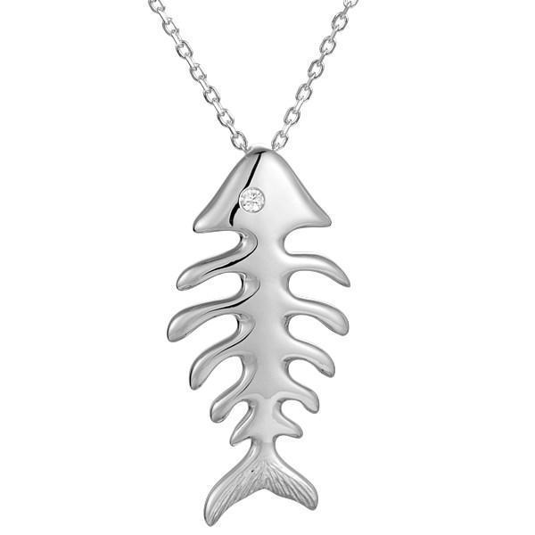 The picture shows a 14K white gold fish bone pendant with a diamond eye.