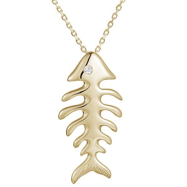 The picture shows a 14K yellow gold fish bone pendant with a diamond eye.