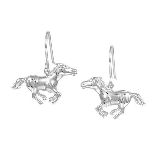 In this photo there is a pair of 925 sterling silver galloping horse hook earrings.
