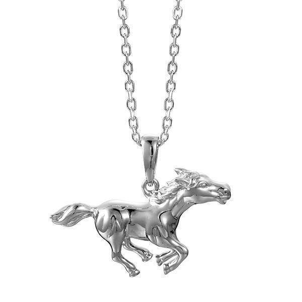 In this photo there is a sterling silver galloping horse pendant.