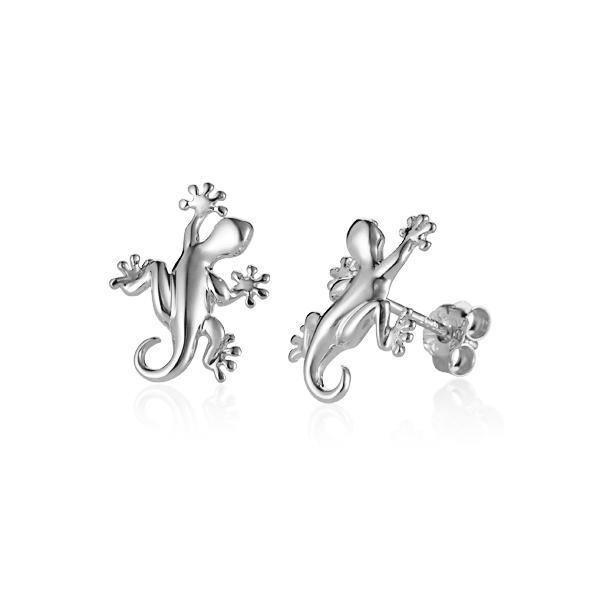 In this photo there is a pair of 14k white gold gecko stud earrings.