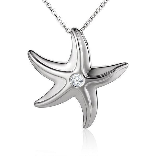 The picture shows a large 925 sterling silver white gold vermeil starfish pendant with cubic zirconia.