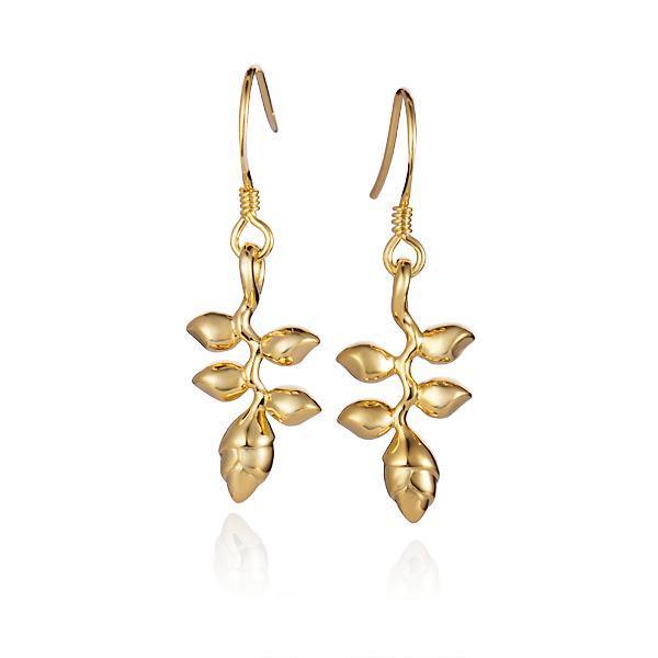 In this photo there is a pair of 14k yellow gold heliconia flower hook earrings.