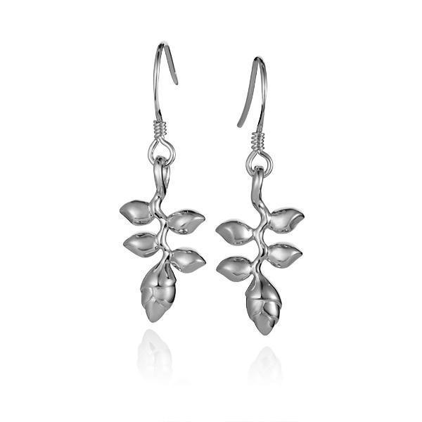 In this photo there is a pair of 14k white gold heliconia flower hook earrings.