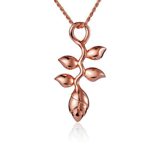 In this photo there is a rose gold heliconia flower pendant.