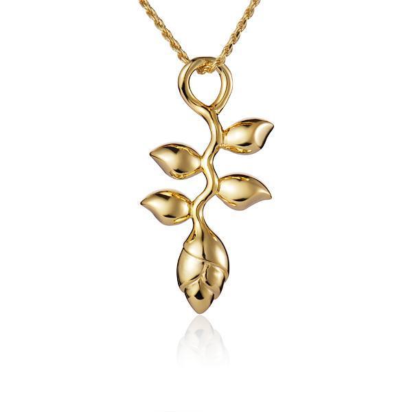 In this photo there is a yellow gold heliconia flower pendant.
