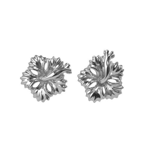 In this photo there is a pair of 14k white gold hibiscus stud earrings.