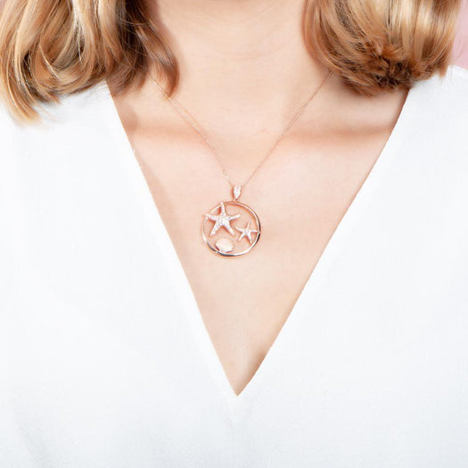 The picture shows a 925 sterling silver, rose gold plated, two starfish circle pendant with topaz.