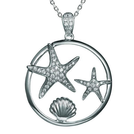 The picture shows a 925 sterling silver, white gold plated, two starfish circle pendant with topaz.