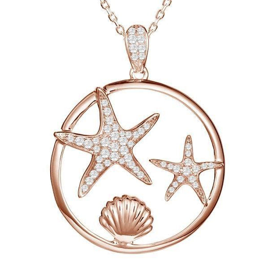 The picture shows a 925 sterling silver, rose gold plated, two starfish circle pendant with topaz.