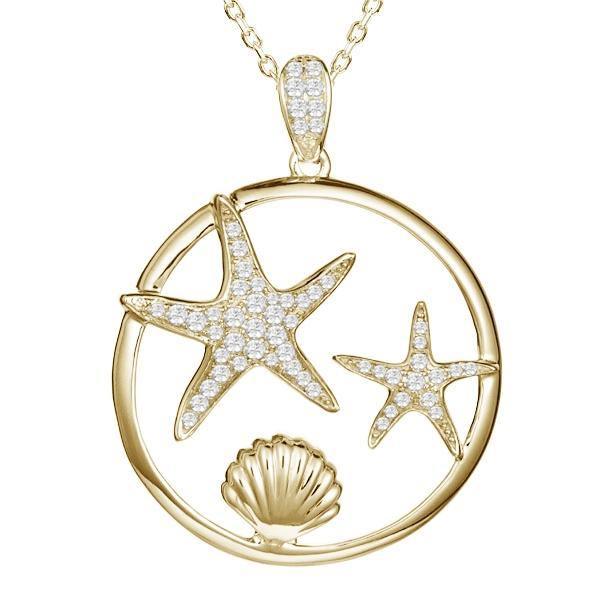 The picture shows a 14K yellow gold two starfish and sea shell pendant with diamonds.