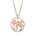 The picture shows a 14K rose gold circle pendant featuring two sea turtles, sea weed made of diamonds and  aquamarine.