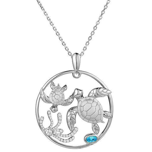 The picture shows a 925 sterling silver, white gold plated, eternity pendant with two sea turtles and seaweed with  aquamarine.