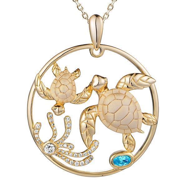 The picture shows a 925 sterling silver, yellow gold plated, eternity pendant with two sea turtles and seaweed with  aquamarine.
