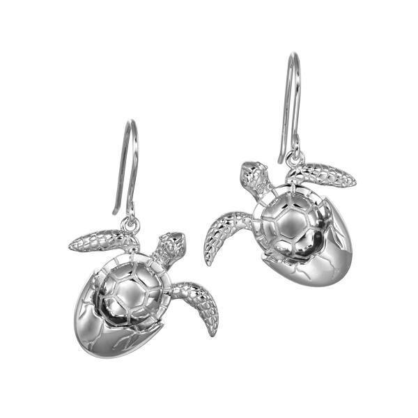 The picture shows a pair of 925 sterling silver sea turtle hatchling hook earrings.