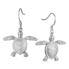The picture shows a pair of 14K white gold sea turtle hook earrings with diamonds.