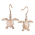 The picture shows a pair of 14K rose gold sea turtle hook earrings with diamonds.