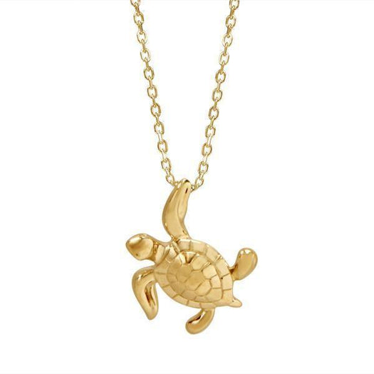 The picture shows a 14K yellow gold sea turtle necklace.