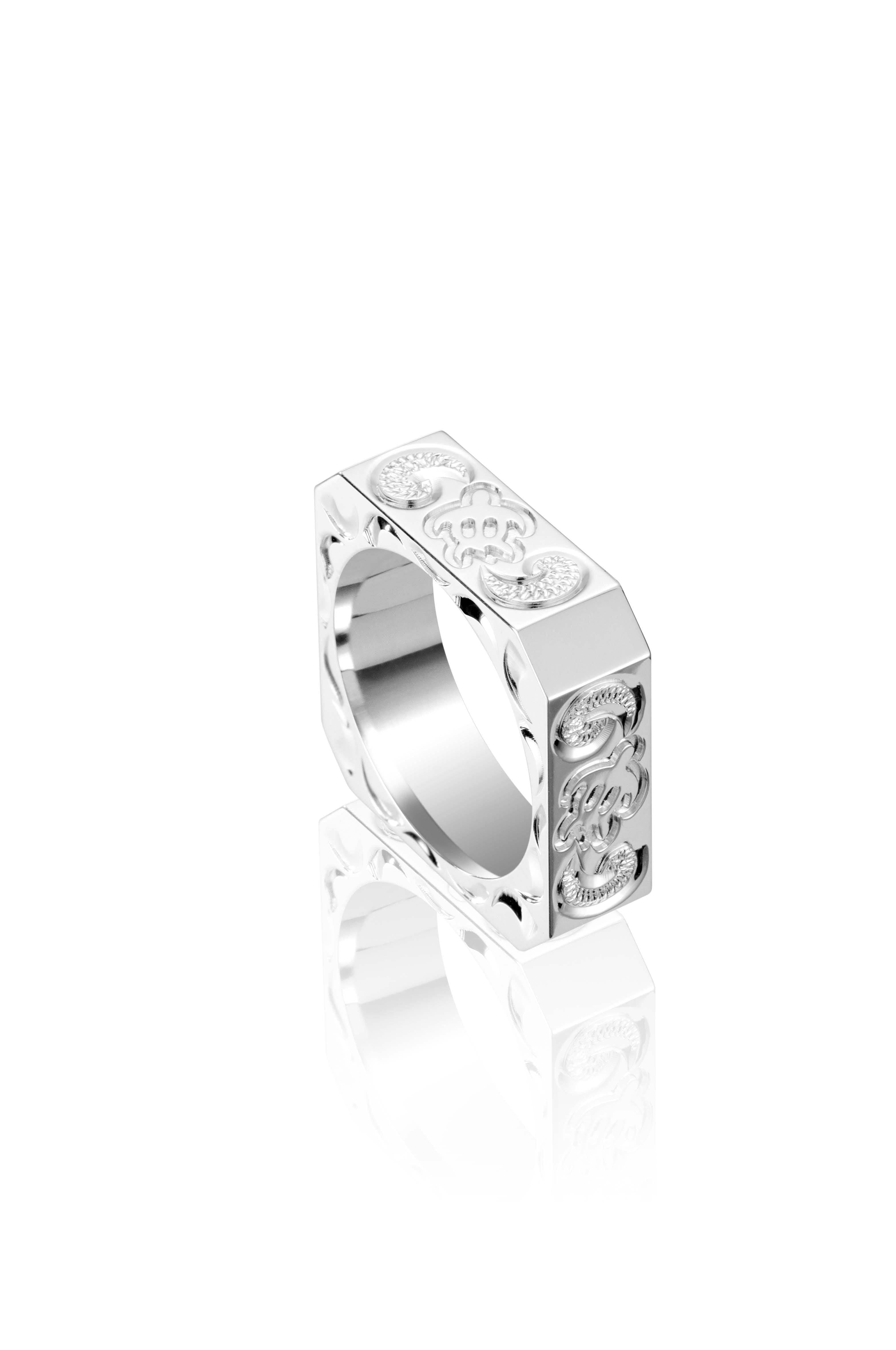 The picture shows a 925 sterling silver squared 8mm ring with hand engravings including a sea turtle.
