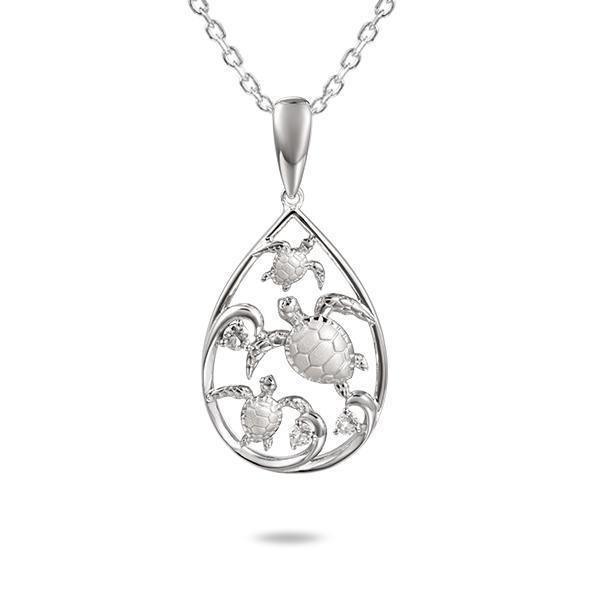 The picture shows a 925 sterling silver teardrop design with three sea turtles pendant with topaz.