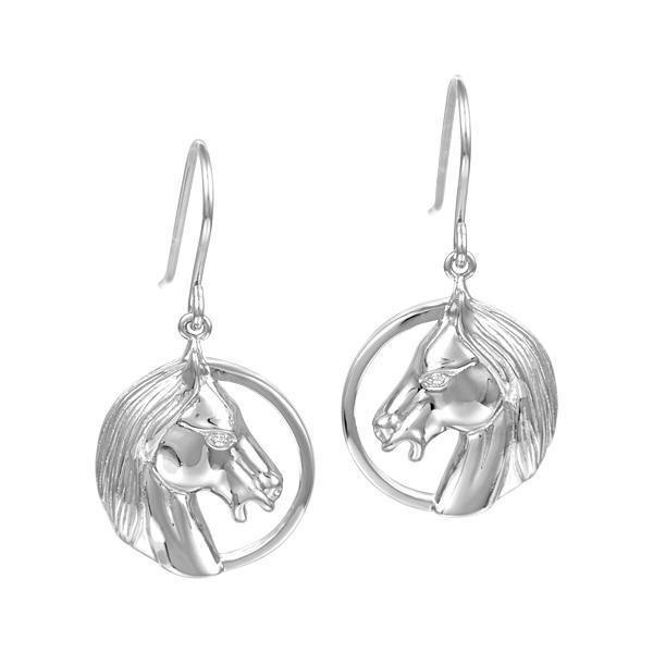 In this photo there is a pair of sterling silver horse head hook earrings.