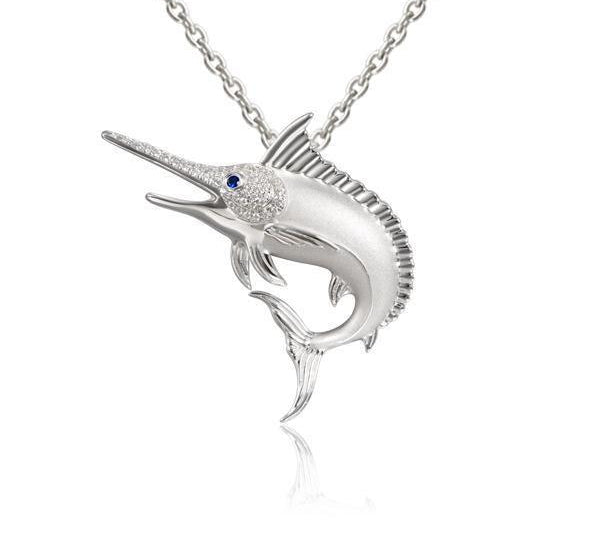 The picture shows a 925 sterling silver marlin pendant with cubic topaz and sapphire.