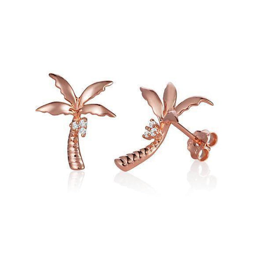 In this photo there is a pair of 14K rose gold king palm tree stud earrings with diamond coconuts.