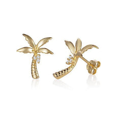 In this photo there is a pair of 14k yellow gold king palm tree stud earrings with diamond coconuts.