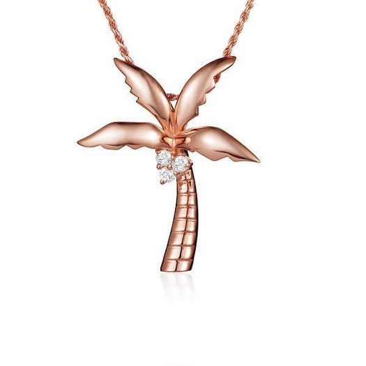 In this photo there is a large rose gold king palm tree pendant with three diamond coconuts.