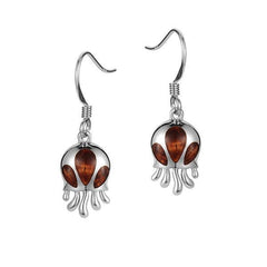 In this photo there is a pair of 925 sterling silver and koa wood atolla jellyfish hook earrings.