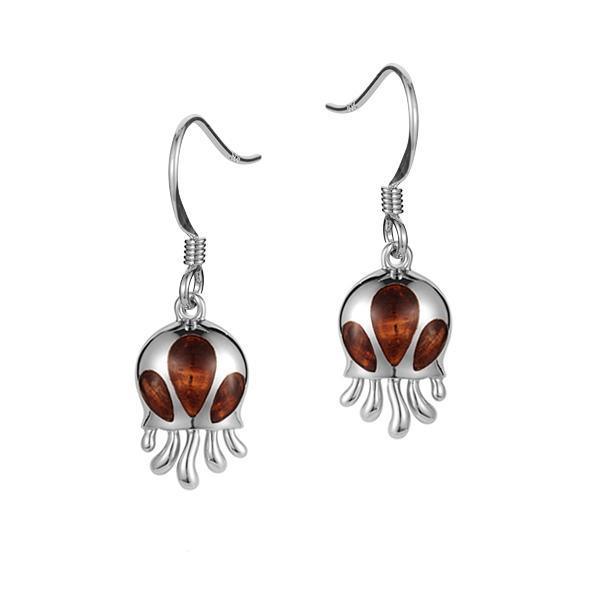 In this photo there is a pair of 925 sterling silver and koa wood atolla jellyfish hook earrings.