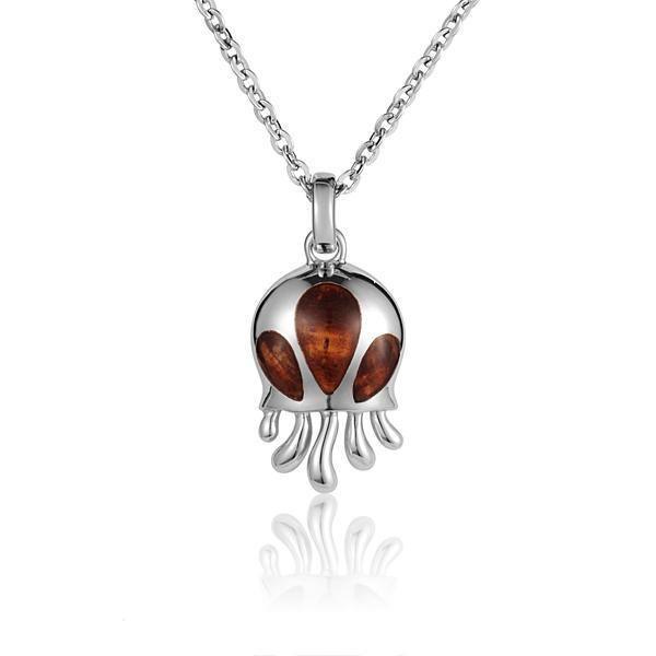 Sterling silver and koa wood jellyfish pendant.
