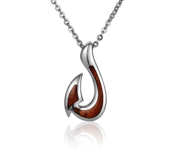 In the photo there is a 925 sterling silver koa wood fish hook pendant.