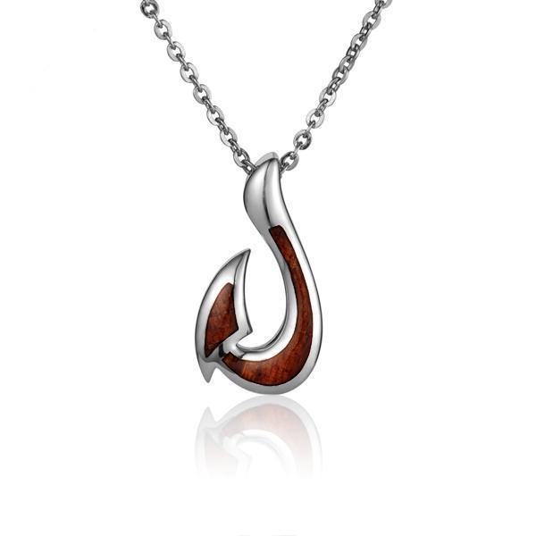 In the photo there is a 925 sterling silver koa wood fish hook pendant.