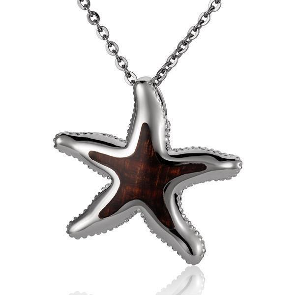 In this photo there is a sterling silver and koa wood starfish pendant.