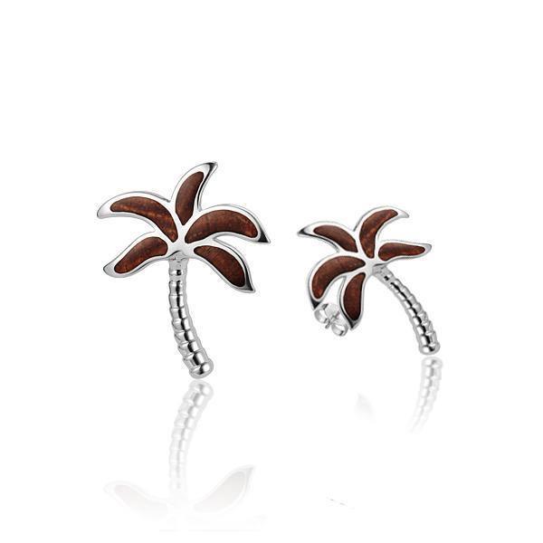 Pair of 925 sterling silver and koa wood palm tree stud earrings.