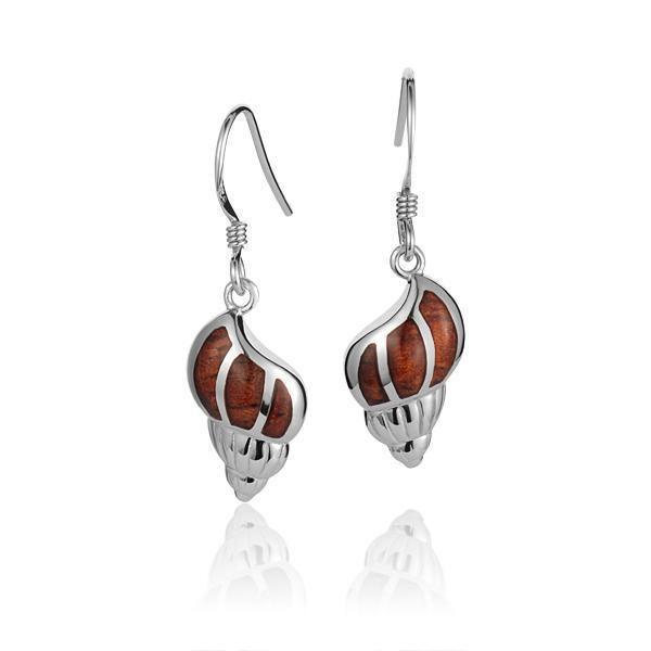 In this photo there is a pair of 925 sterling silver and koa wood seashell hook earrings.