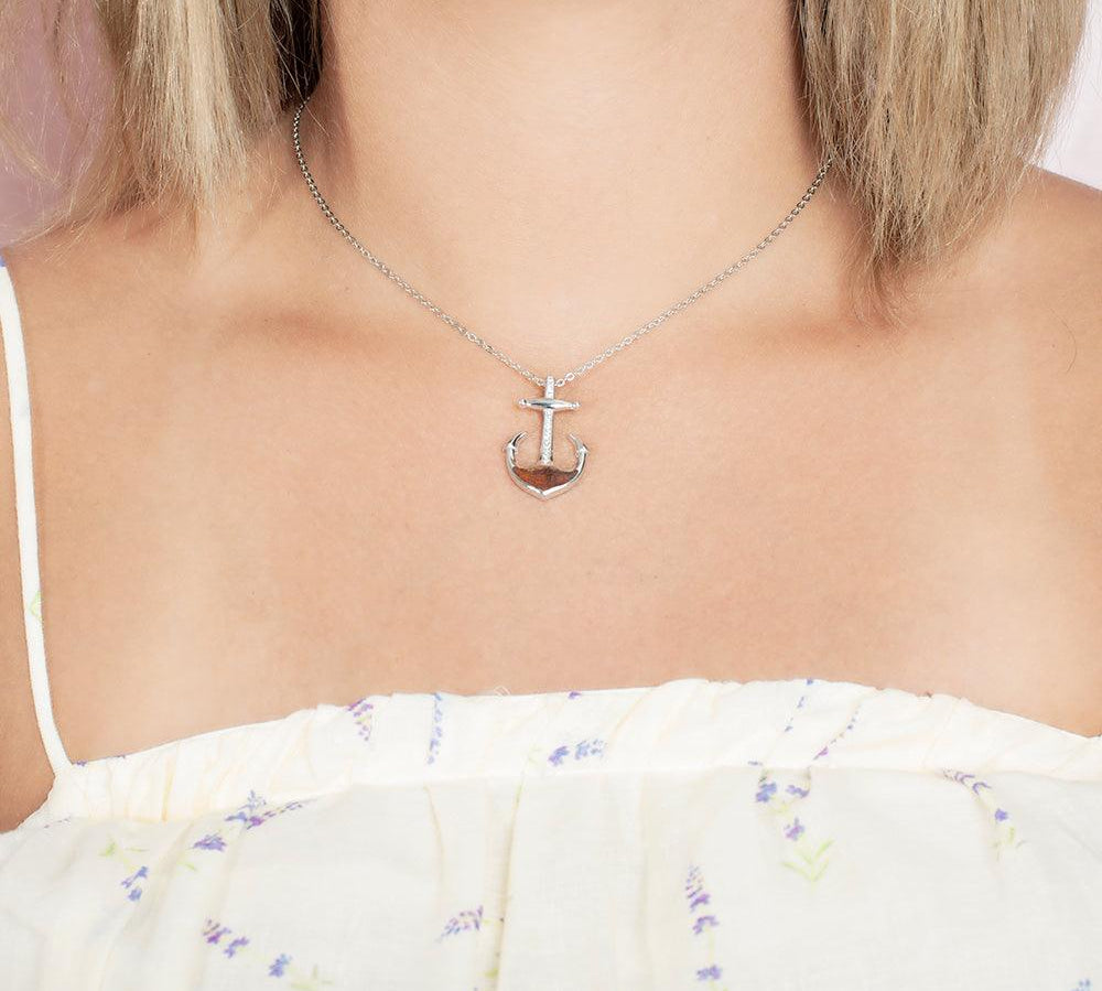 Sterling Silver and Wood Anchor Pendant with White Topaz