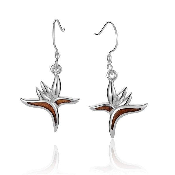 Sterling Silver and Wood Bird of Paradise Hook Earrings 