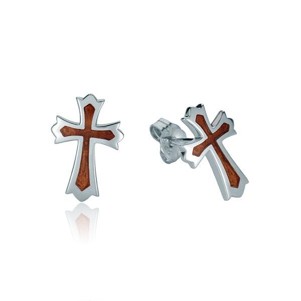 Sterling Silver and Wood Cross Stud Earrings 