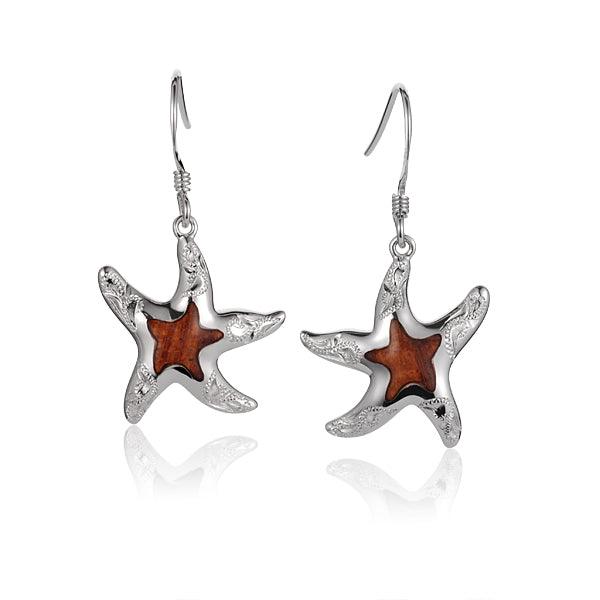 Sterling Silver and Wood Starfish Hook Earrings 